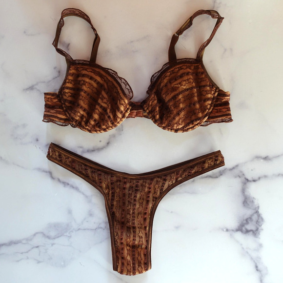 Y2K Vintage Cosabella Bra Panty Set 34B/2 Brown‎ Lace Mesh Burnout Thong Italy